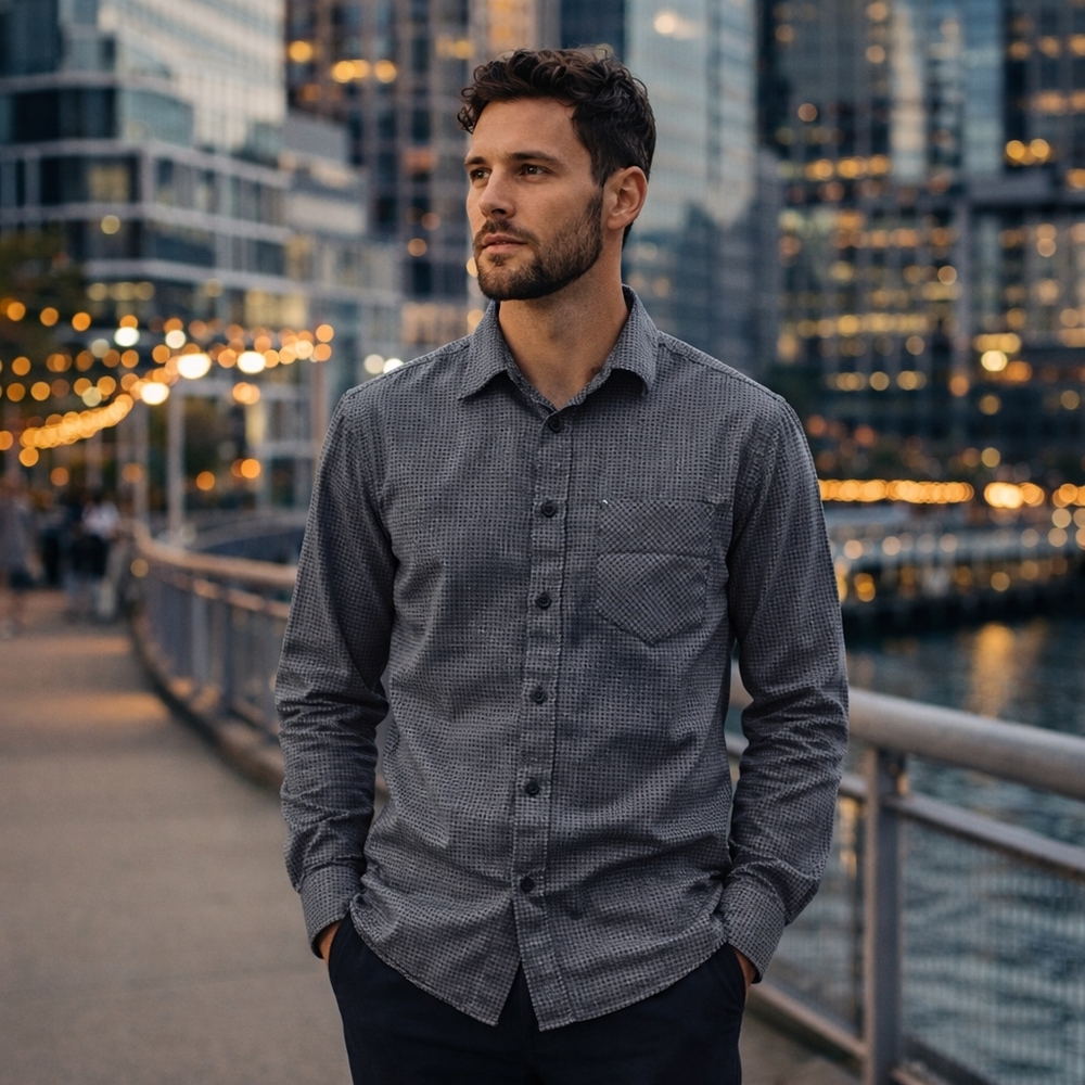 Billy Reid 100% Cotton Button Down Shirt | Gray Micro Check Long Sleeve Men's